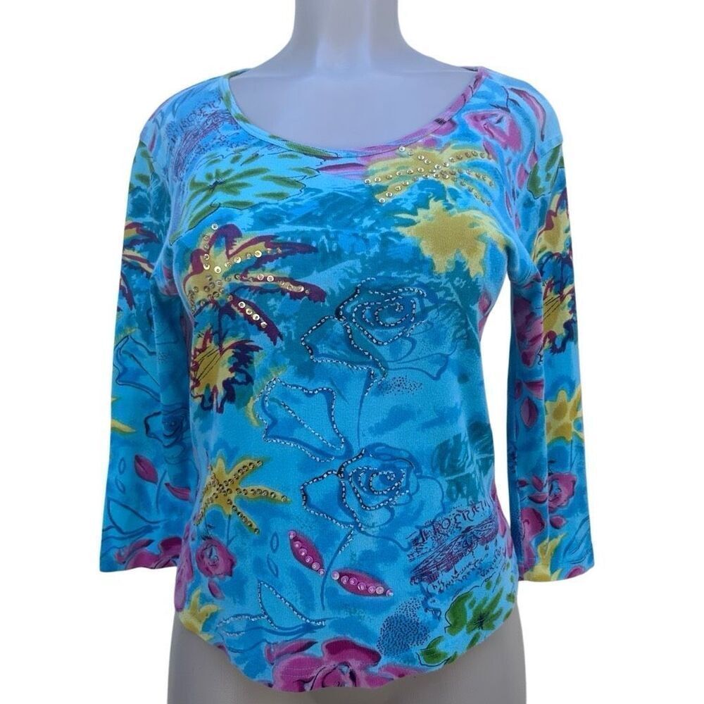 Club Z Collection Blouse Top Large Multicolor Tropical 3/4 Sleeve Embellished